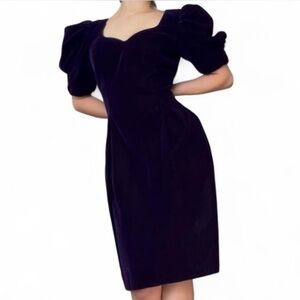 Vintage Midnight Glo Dark Purple Velvet Dress with puff sleeves 1980s